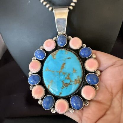 Navajo Multi-Stone Necklace | Lapis, Pink, Blue Turquoise | Sterling Silver | 17456
