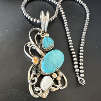 Navajo White Buffalo Kingman Turquoise Sterling Silver Pendant Necklace | 21" | Handmade 15949
