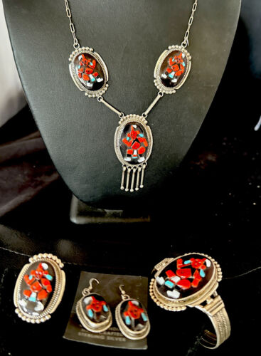 Native American Zuni Inlay Necklace Earrings Bracelet Set | Turquoise Onyx Coral | Sterling Silver | 16168