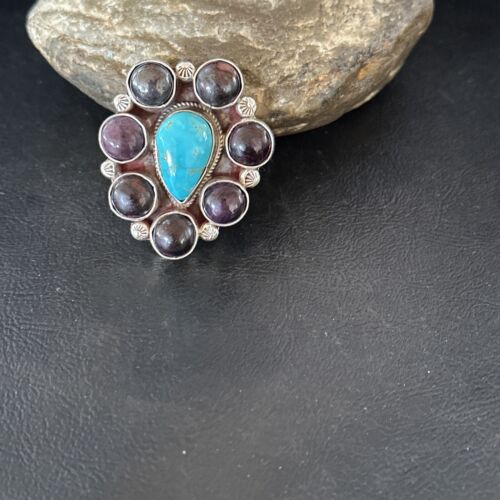 Navajo Cluster Blue Kingman Turquoise Sugilite Ring | Authentic Native American Sterling Silver | Multi-Stone | Sz 7 | 16772