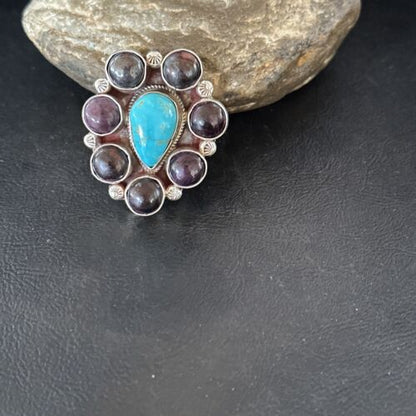Navajo Cluster Blue Kingman Turquoise Sugilite Ring | Authentic Native American Sterling Silver | Multi-Stone | Sz 7 | 16772