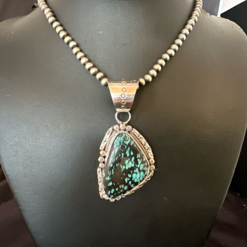 Men's Spiderweb Turquoise Pendant Necklace | Navajo Pearls | Sterling Silver | Native American Handmade | 17066