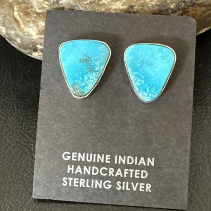 Navajo Blue Kingman Turquoise Post Stud Earrings | Sterling Silver | Authentic Native American Handmade | 17412