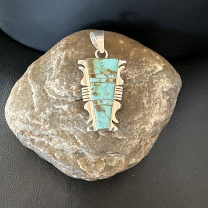 Navajo Blue #8 Turquoise Inlay Pendant | Sterling Silver | 2" | Authentic Native American Handmade | 15684