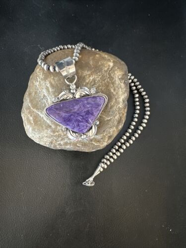 Navajo Pearls Necklace with Purple Charoite Pendant | Sterling Silver | Authentic Native American Handmade | 14883