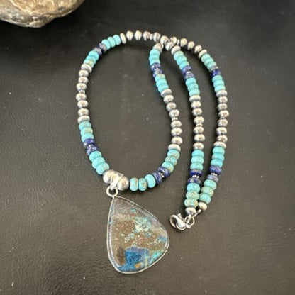 Navajo Blue Turquoise Jasper Pendant with Lapis | Sterling Silver Necklace | Native American Handmade | 16928