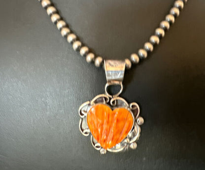 Navajo Orange Spiny Oyster Heart Pendant Necklace | Sterling Silver | Authentic Native American Handmade | 16423