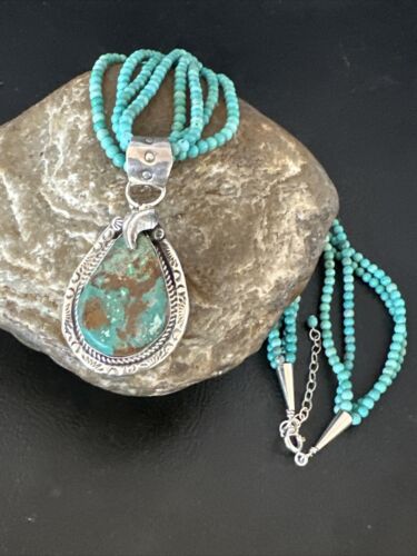 Blue Turquoise Pendant | Navajo Pearls | Sterling Silver Bead Necklace 17" | Multi-Strand | 15994