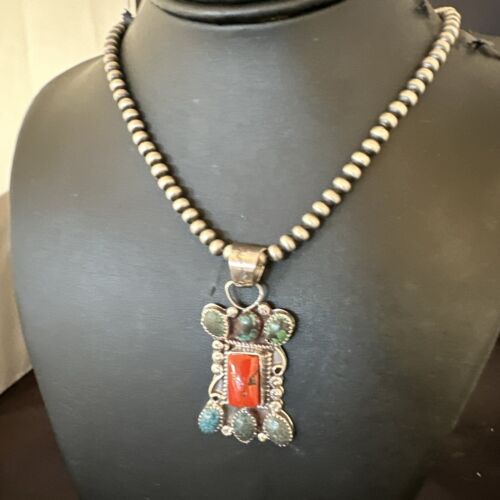 Navajo Turquoise Coral Cluster Pendant Necklace | Sterling Silver | Native American Handmade | 17185
