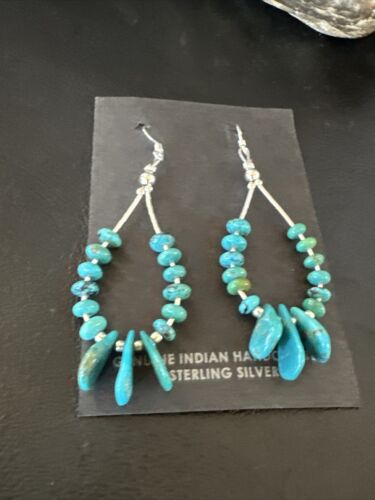 Navajo Blue Cluster Turquoise Bead Earrings | 6mm | Sterling Silver | 2" | Authentic Native American Handmade | 15845