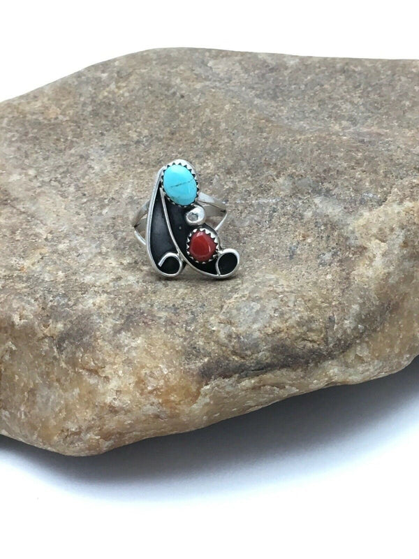 Navajo Blue Turquoise Coral Ring | Authentic Native American Sterling Silver | Multi-Stone | Sz 7 | 2807
