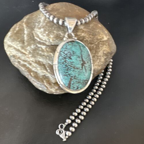 Men's Navajo Blue Spiderweb Turquoise Pendant Necklace | Sterling Silver | Authentic Native American Handmade | 16212