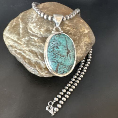 Men's Navajo Blue Spiderweb Turquoise Pendant Necklace | Sterling Silver | Authentic Native American Handmade | 16212