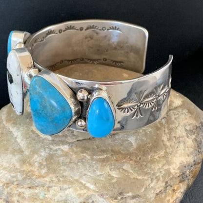 Navajo Kingman White Buffalo Turquoise Row Cuff Bracelet | Sterling Silver | Authentic Native American Handmade