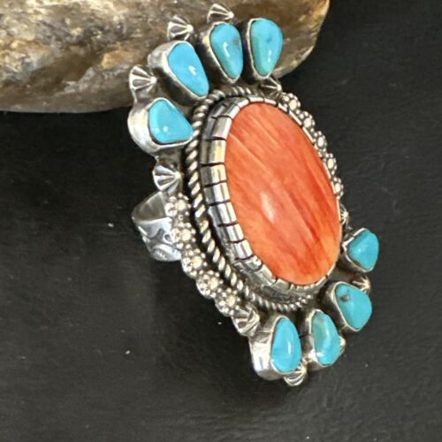 Navajo Turquoise Spiny Oyster Multi-Stone Ring | Authentic Native American Sterling Silver | Sz 8 | 15076