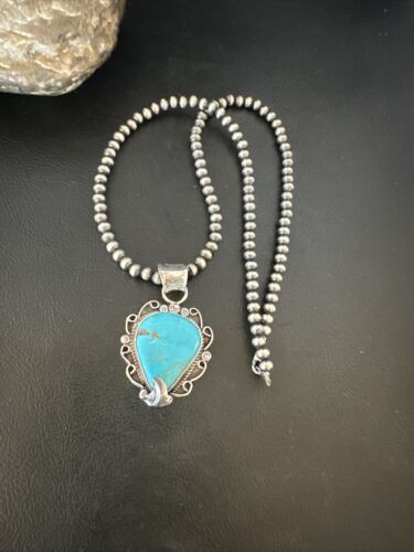Navajo Blue Turquoise Pendant Necklace | Sterling Silver Pearls | Authentic Native American Handmade | 15638