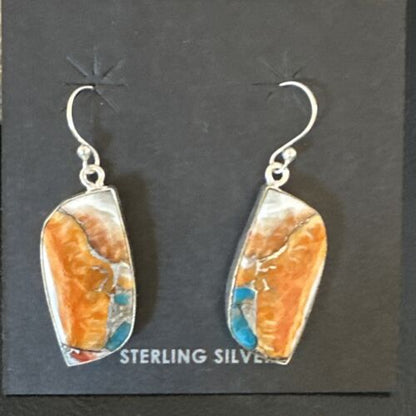 Navajo Blue Turquoise & Orange Spiny Oyster Inlay Dangle Earrings | Sterling Silver | Authentic Native American Handmade | 15580