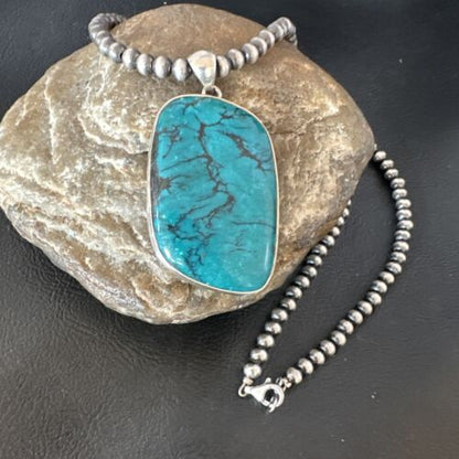 Men's Navajo Blue Spiderweb Turquoise Pendant Necklace | Sterling Silver | Authentic Native American Handmade | 16209