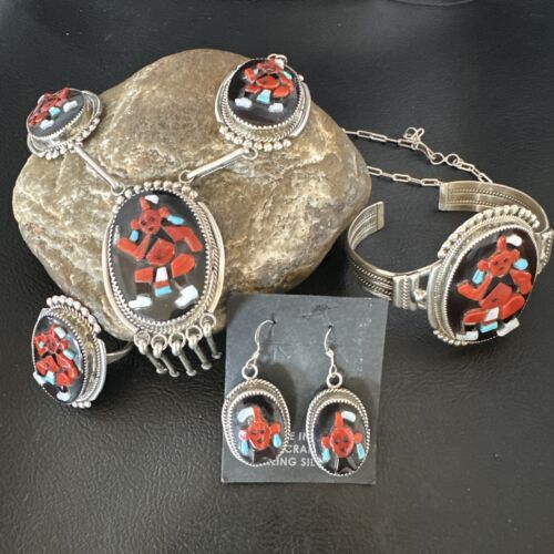 Native American Zuni Inlay Necklace Earrings Bracelet Set | Turquoise Onyx Coral | Sterling Silver | 16168