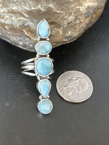 Navajo Blue Larimar Cluster Ring | Authentic Native American Sterling Silver | Multi-Stone | Sz 7.5 | 15943