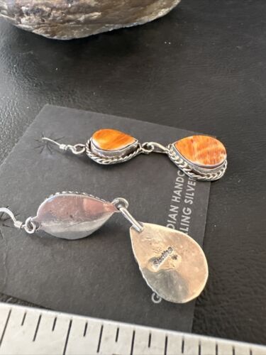 Navajo Orange Spiny Oyster Dangle Earrings | Sterling Silver | 1.5" | Authentic Native American Handmade | 16574
