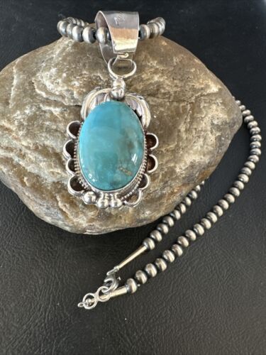 Navajo Pearls Blue Turquoise Necklace Pendant | Sterling Silver | Authentic Native American Handmade | 14881