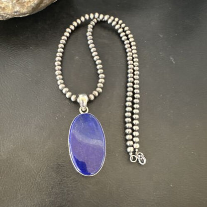 Navajo Blue Lapis Pendant with Pearls | Sterling Silver Necklace | 20" | Authentic Native American Handmade | 16668 - Masha USA