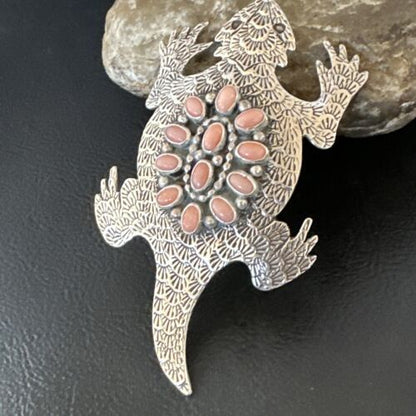 Handmade Stamped Navajo Pink Coral Horny Toad Pin | Authentic Native American Jewelry | 15669