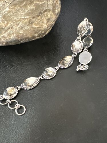 White Buffalo Turquoise 8-Stone Navajo Sterling Silver Link Bracelet 8" | Handmade | 16379
