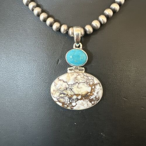 Navajo Wild Horse Blue Kingman Turquoise Necklace | Sterling Silver | Authentic Native American Handmade | 17323