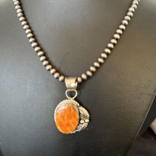 Navajo Orange Spiny Oyster Pendant Necklace | Sterling Silver Pearls | Authentic Native American Handmade | 16557