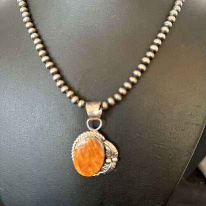 Navajo Orange Spiny Oyster Pendant Necklace | Sterling Silver Pearls | Authentic Native American Handmade | 16557