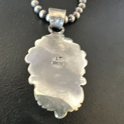 Navajo Blue Turquoise Pendant Necklace | Sterling Silver Pearls | Authentic Native American Handmade | 15644