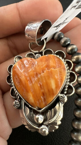 Navajo Orange Spiny Oyster Heart Pendant Necklace | Sterling Silver | Authentic Native American Handmade | 16419