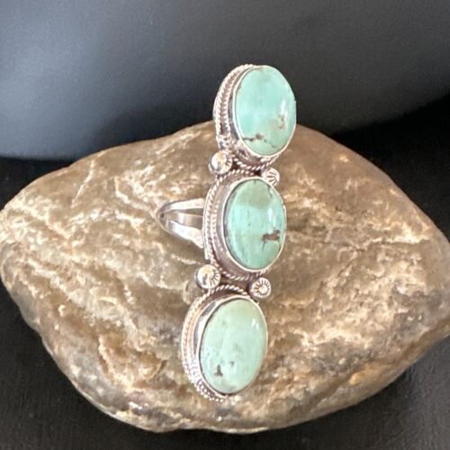 Navajo Blue Dry Creek Turquoise 3-Stone Ring | Authentic Native American Sterling Silver | Multi-Stone | Sz 11 | 16734