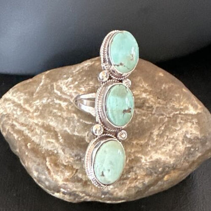 Navajo Blue Dry Creek Turquoise 3-Stone Ring | Authentic Native American Sterling Silver | Multi-Stone | Sz 11 | 16734