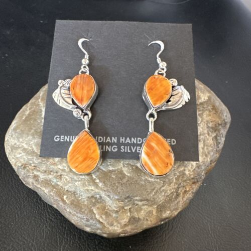 Navajo Orange Spiny Oyster Dangle Earrings | Sterling Silver | 1.5" | Authentic Native American Handmade | 16567