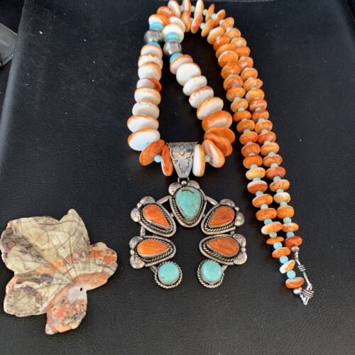 Orange Spiny Turquoise Naja Navajo Pendant Necklace | Sterling Silver | 30" | Authentic Native American Handmade | 14007