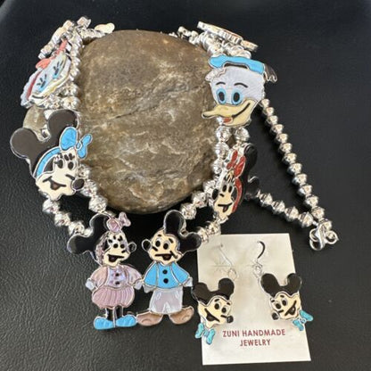 Disney Mickey Minnie Zuni Necklace Pendant | Sterling Silver Inlay | Authentic Native American Handmade | 16073