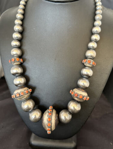 Orange Spiny Oyster Navajo Pearls Graduated Sterling Silver Necklace 21” 16616