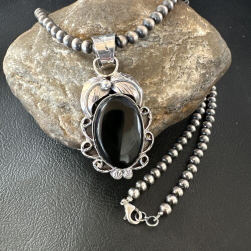 Navajo Pearls Black Onyx Necklace Pendant | Sterling Silver | Authentic Native American Handmade | 16524