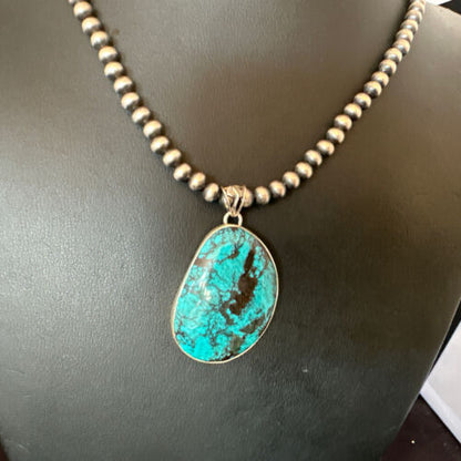 Men's Navajo Blue Spiderweb Turquoise Pendant Necklace | Sterling Silver | Authentic Native American Handmade | 16273