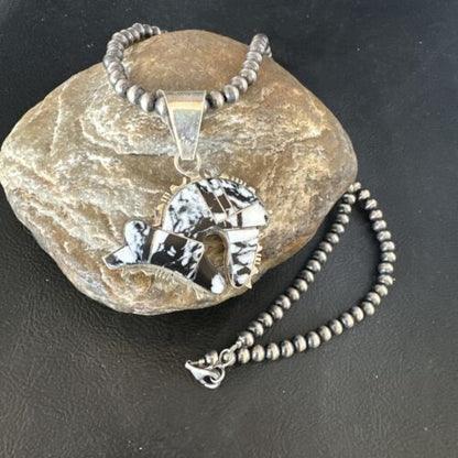 Navajo White Buffalo Turquoise Bear Inlay Pendant Necklace | Sterling Silver | Native American Handmade | 15247