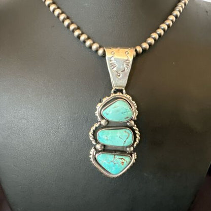 Navajo Blue Kingman Turquoise 3-Stone Cluster Pendant | Sterling Silver | Authentic Native American Handmade | 17631