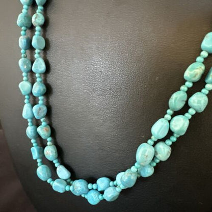 Navajo Blue Nugget Turquoise Necklace | 2 Strand | Sterling Silver | 20" | Authentic Native American Handmade | 15342