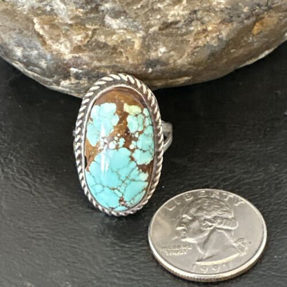 Men's & Women's Blue Turquoise #8 Navajo Ring | Sterling Silver | Sz 9.5 | Authentic Native American Handmade | 16639