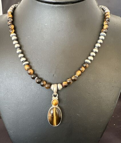 Southwestern Coffee Brown Tiger's Eye Multi-Stone Pendant Necklace | Sterling Silver | 21" | 17052