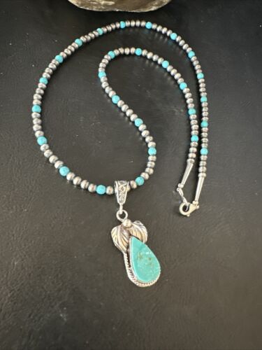 Navajo Pearls Kingman Turquoise Pendant Necklace | Sterling Silver | Authentic Native American Handmade | 14892