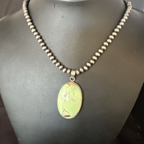 Navajo Green Gaspeite Pendant Necklace | Sterling Silver | Authentic Native American Handmade | 15487