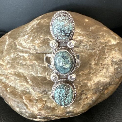 Navajo Blue Spiderweb Turquoise Multi-Stone Ring | Authentic Native American Sterling Silver | Sz 9 | 16707